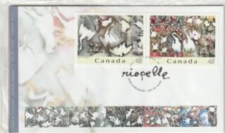 Canadian stamps featuring abstract bird artwork by Jean-Paul Riopelle.