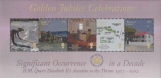 Turks & Caicos stamps celebrating events from 1952-2002 for Queen Elizabeth II's Golden Jubilee.