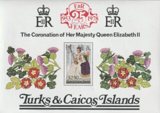 Turks & Caicos Islands stamp commemorating Queen Elizabeth II's coronation 25th anniversary.