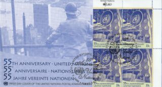 2000 United Nations New York #779 UN, 55th Anniversary - Workmen Removing Decorative Discs in General Assembly Hall, 1956 FDC