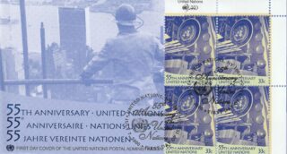 2000 United Nations New York #779 UN, 55th Anniversary - Workmen Removing Decorative Discs in General Assembly Hall, 1956 FDC