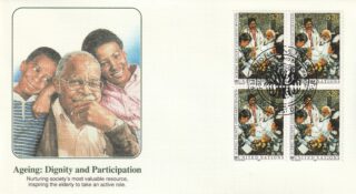 1993 United Nations New York #619 Aging With Dignity - Old Man, Physician & Woman Holding Fruit Basket FDC
