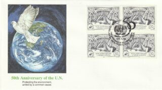 1995 United Nations New York #663 UN, 50th Anniversary - Hand with Pen Signing UN Charter & Flags FDC