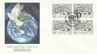 1995 United Nations New York #663 UN, 50th Anniversary - Hand with Pen Signing UN Charter & Flags FDC